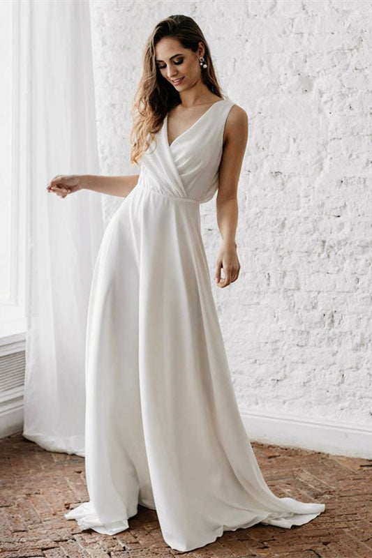 Weitese Dress Elegant Floral Lace Sleeveless V-Neck Maxi Dress Wedding Dress A-line Open Back Bride Dress