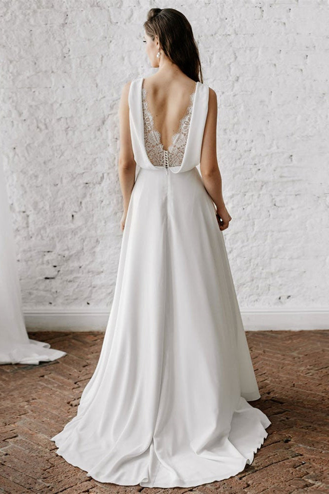 Weitese Dress Elegant Floral Lace Sleeveless V-Neck Maxi Dress Wedding Dress A-line Open Back Bride Dress