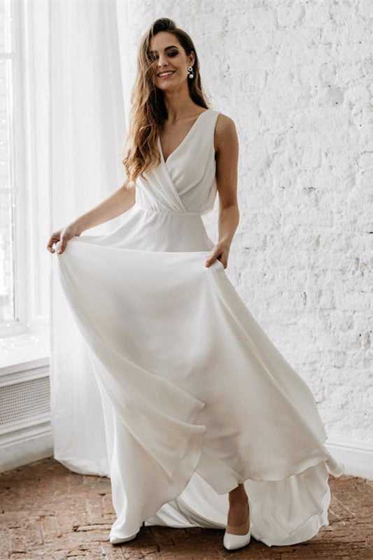 Weitese Dress Elegant Floral Lace Sleeveless V-Neck Maxi Dress Wedding Dress A-line Open Back Bride Dress