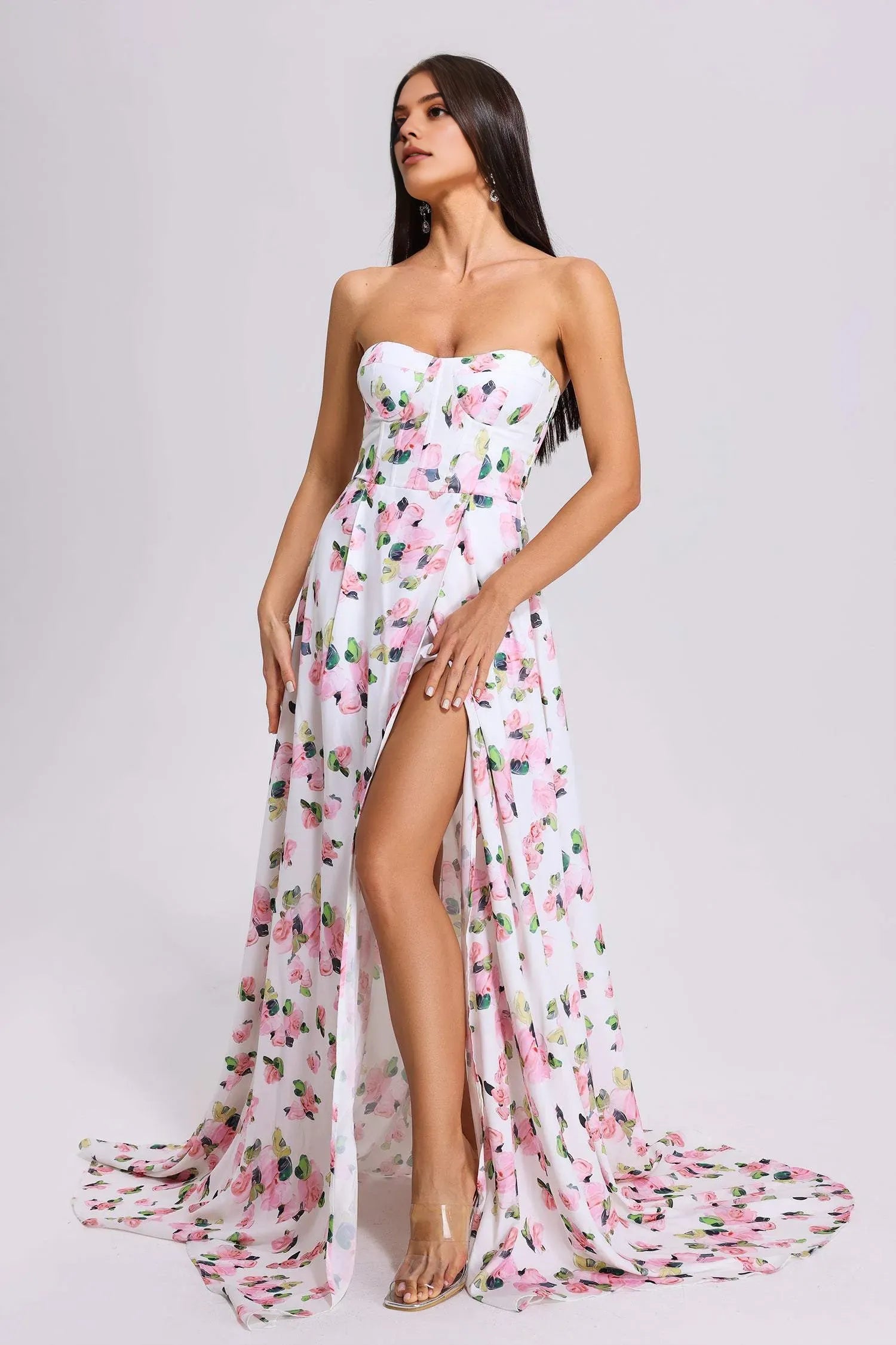 Weitese Dress Elegant Floral Printed Maxi Dress Floor Length Prom Dress Strapless With Hight Slit