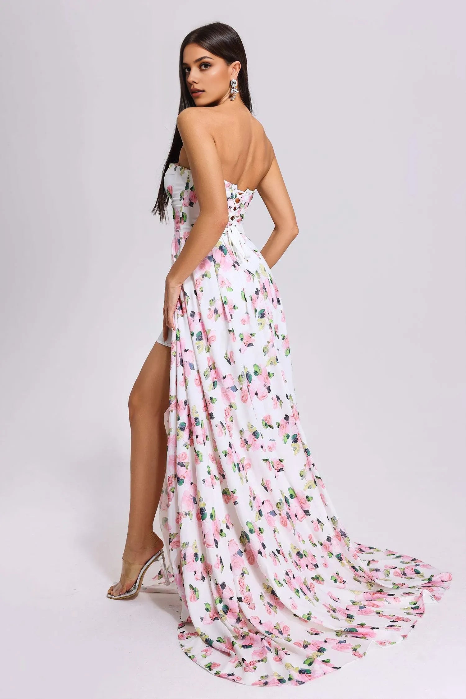 Weitese Dress Elegant Floral Printed Maxi Dress Floor Length Prom Dress Strapless With Hight Slit