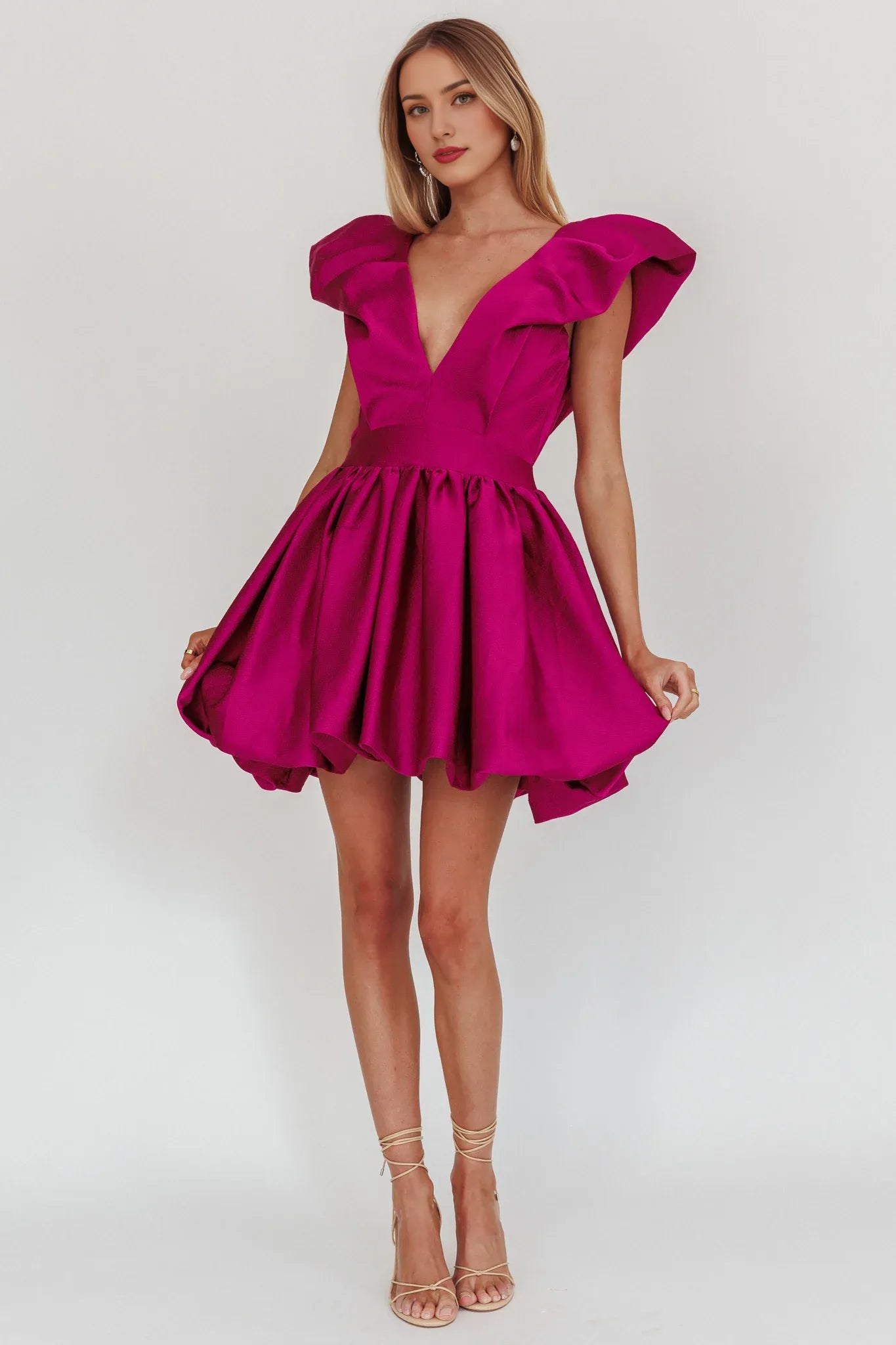 Weitese Dress Elegant Fuchsia Satin Dress Plunging V Neck Ruffled Cap Sleeve Detail Flared Skirt and Mini Length Homecoming Dress