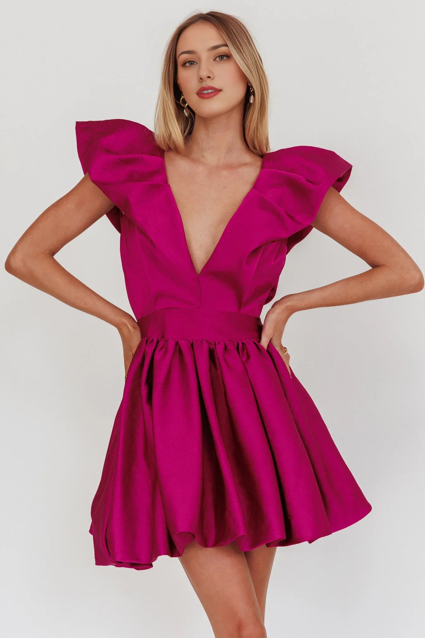 Weitese Dress Elegant Fuchsia Satin Dress Plunging V Neck Ruffled Cap Sleeve Detail Flared Skirt and Mini Length Homecoming Dress
