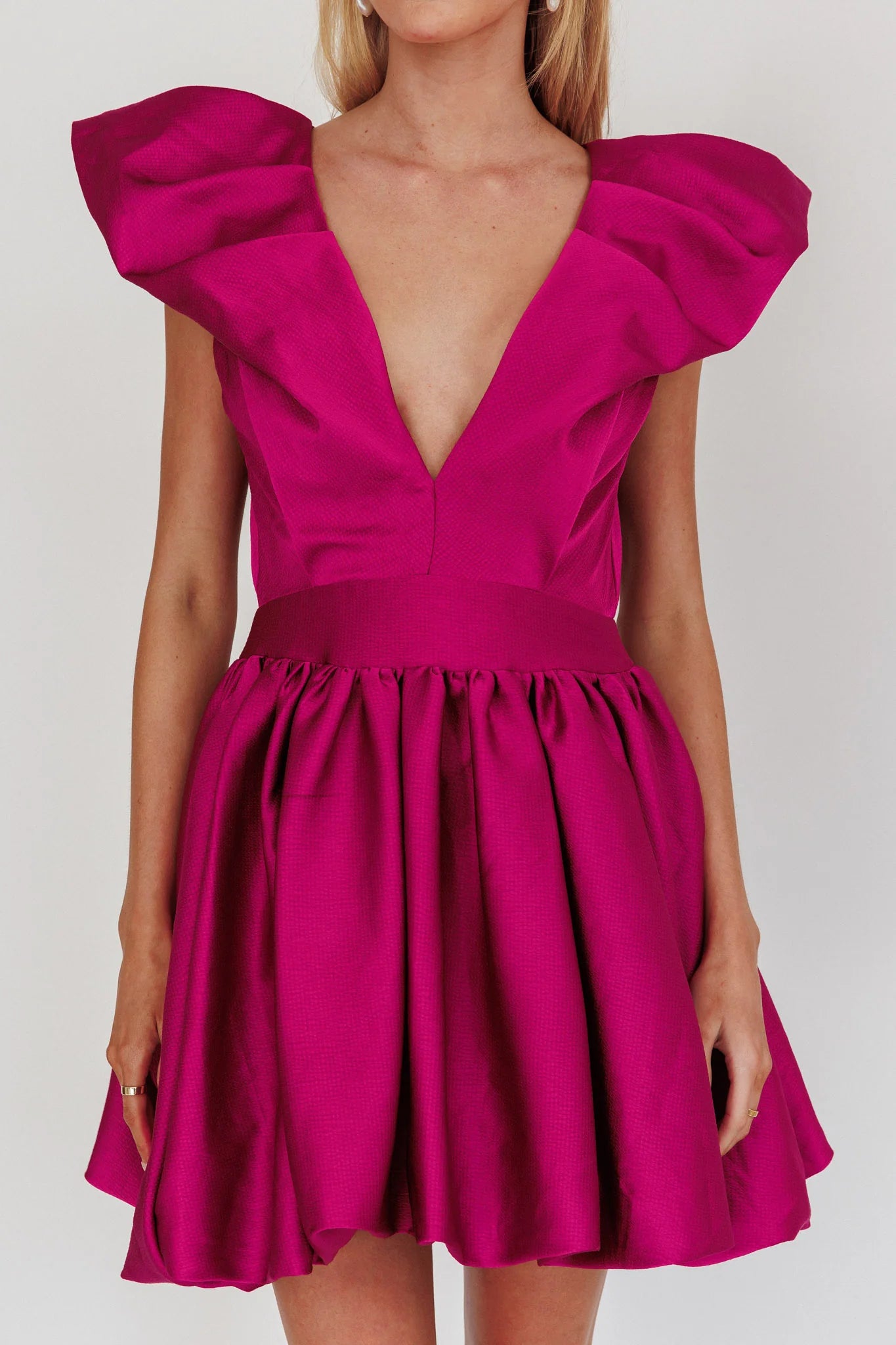 Weitese Dress Elegant Fuchsia Satin Dress Plunging V Neck Ruffled Cap Sleeve Detail Flared Skirt and Mini Length Homecoming Dress