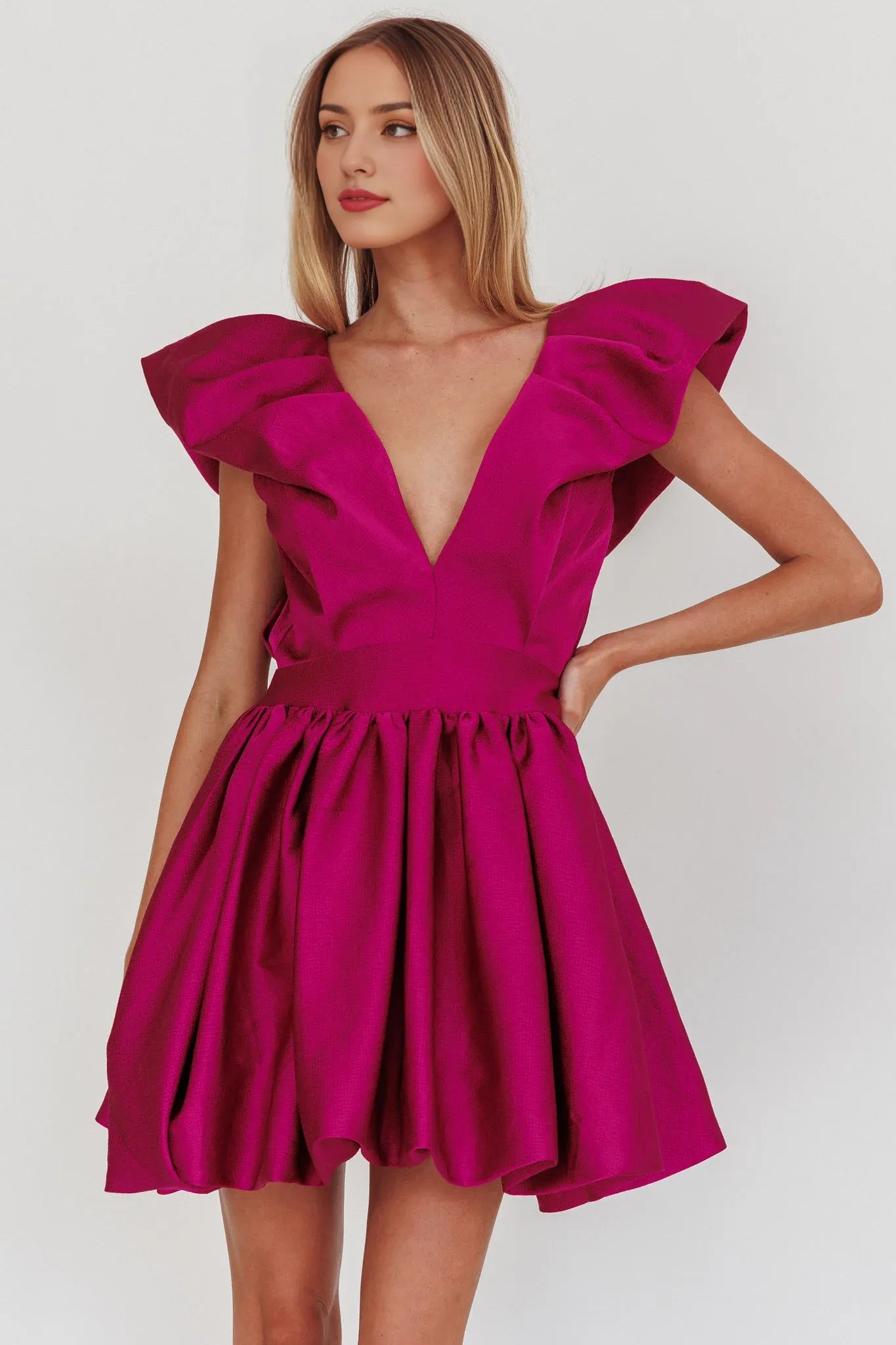 Weitese Dress Elegant Fuchsia Satin Dress Plunging V Neck Ruffled Cap Sleeve Detail Flared Skirt and Mini Length Homecoming Dress