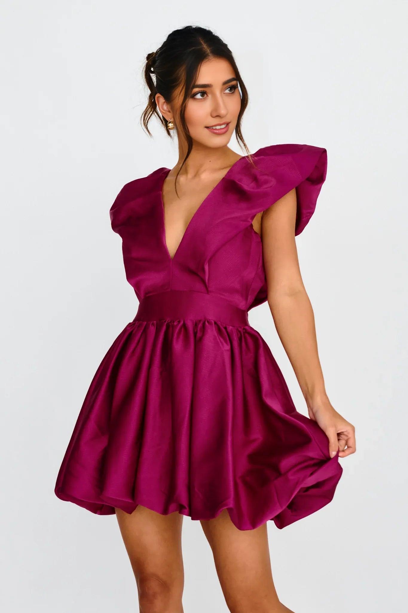 Weitese Dress Elegant Fuchsia Satin Dress Plunging V Neck Ruffled Cap Sleeve Detail Flared Skirt and Mini Length Homecoming Dress