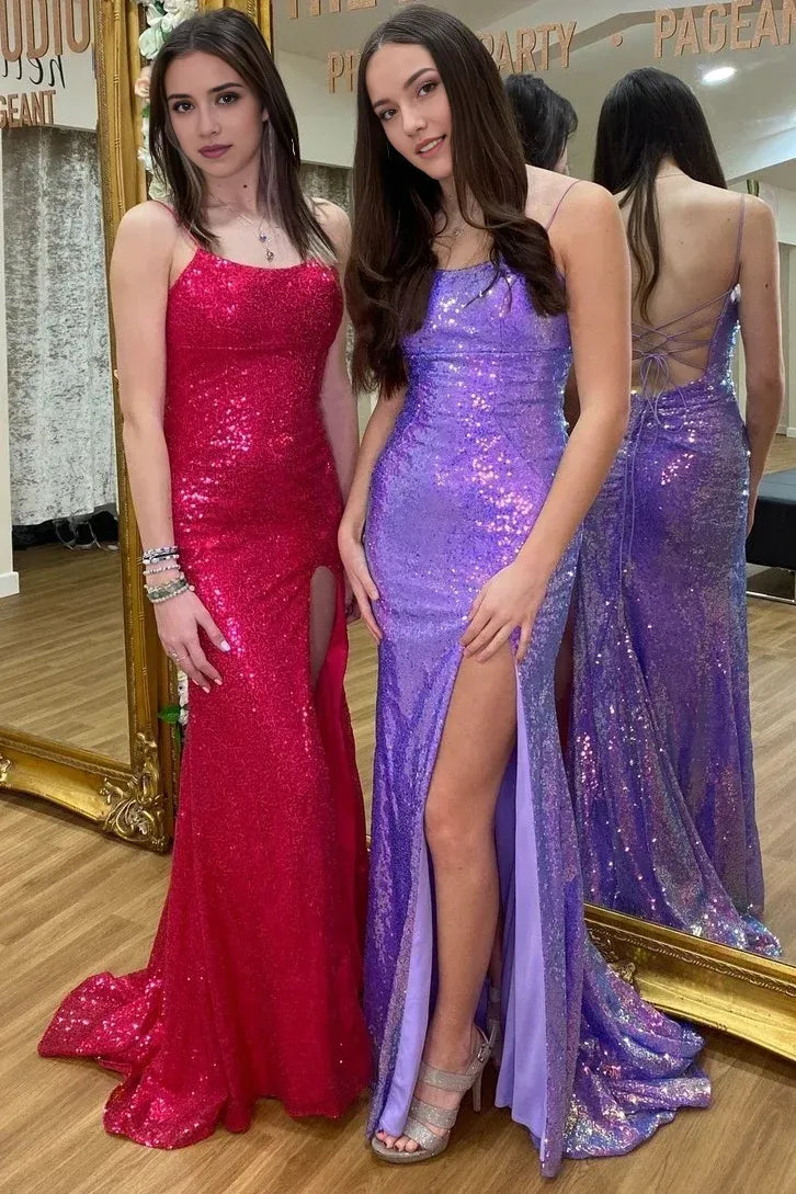 Weitese Dress Elegant Fuchsia Sequin Straps Mermaid Party Gown Maxi Dress Prom Dress