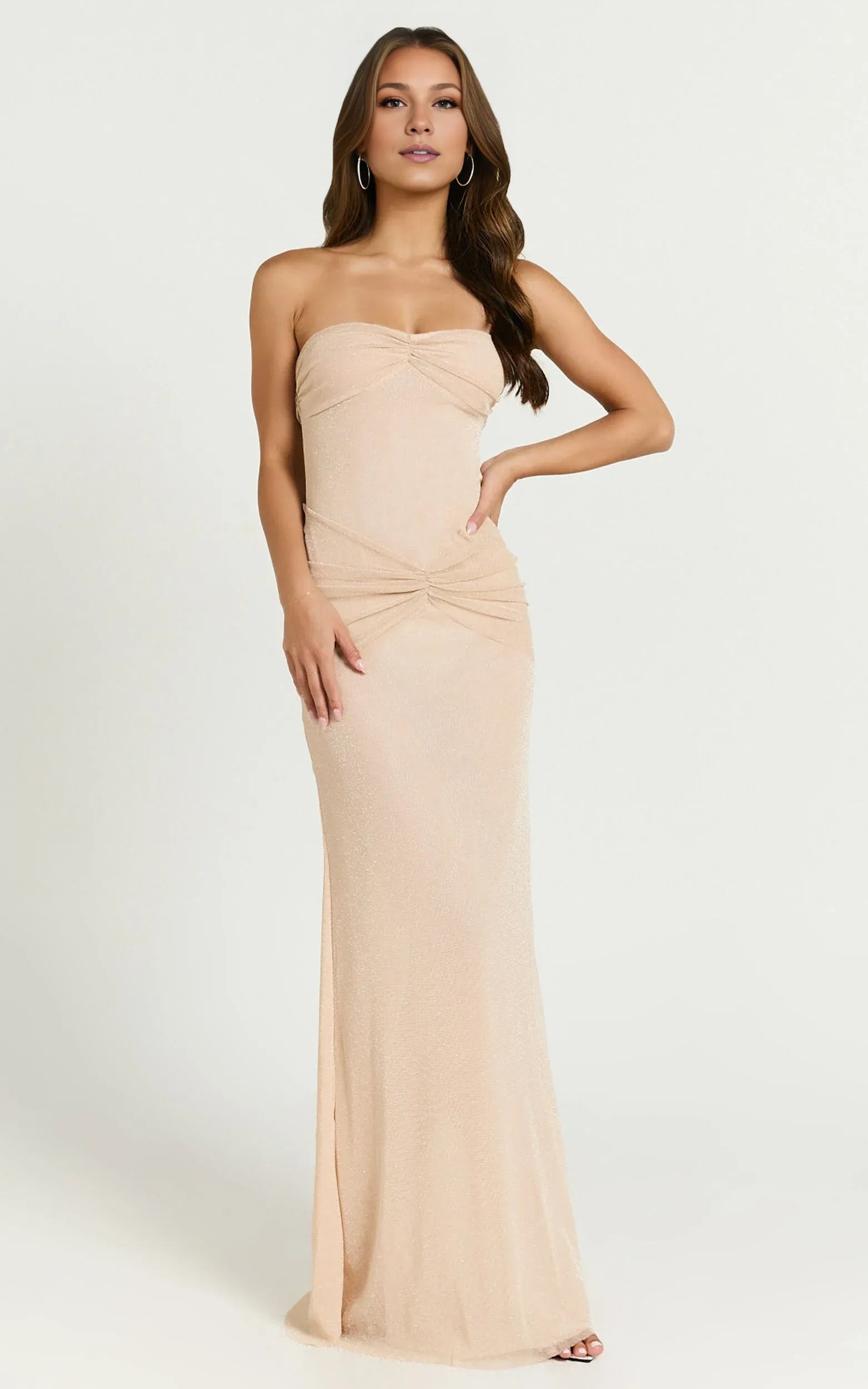 Weitese Dress Elegant Glitter Tulle Strapless Ruched Side Maxi Dress Nude Sheath Sleeveless Solid Color Evening Dress