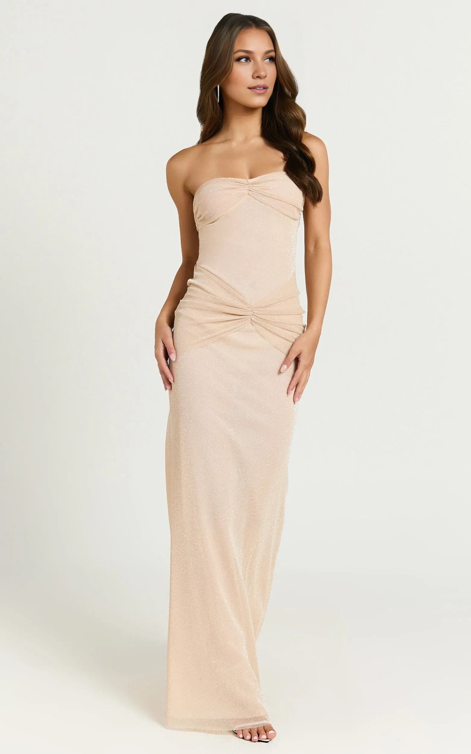 Weitese Dress Elegant Glitter Tulle Strapless Ruched Side Maxi Dress Nude Sheath Sleeveless Solid Color Evening Dress