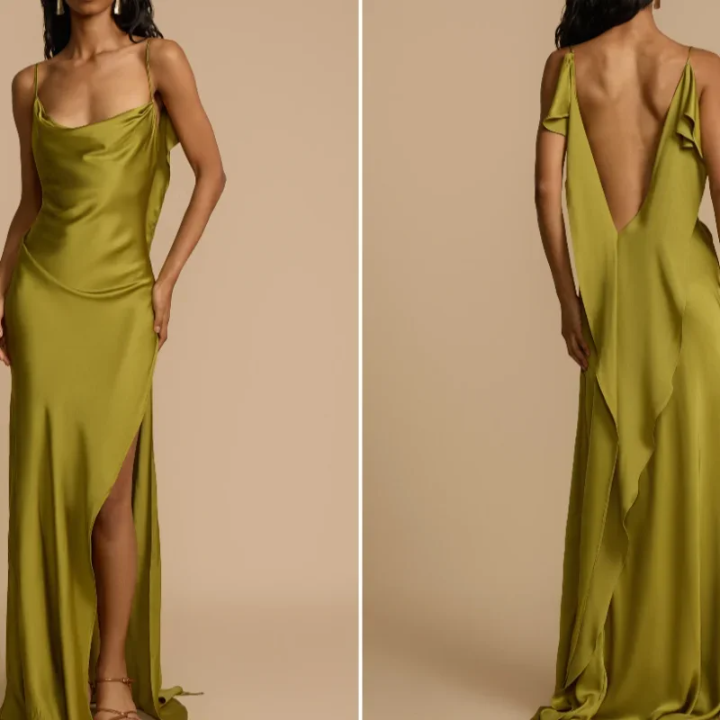 Robe Weitese élégante en satin vert à volants, longue robe sexy dos nu sans manches, fendue, slim, robe de soirée, de bal 