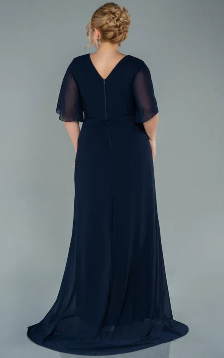 Robe Weitese élégante à manches mi-longues et col en V, en mousseline de soie, style empire, fendue sur le devant, drapée, grande taille, longueur au sol, pour mère de la mariée 