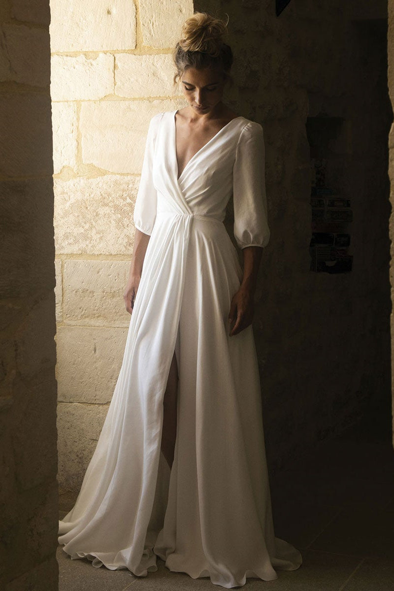 Weitese Dress Elegant Half Sleeves Open Back Wedding Dress V-Neck A-line With Hight Slit Bride Dress