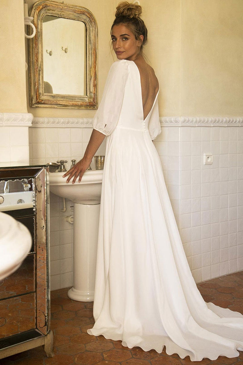 Weitese Dress Elegant Half Sleeves Open Back Wedding Dress V-Neck A-line With Hight Slit Bride Dress