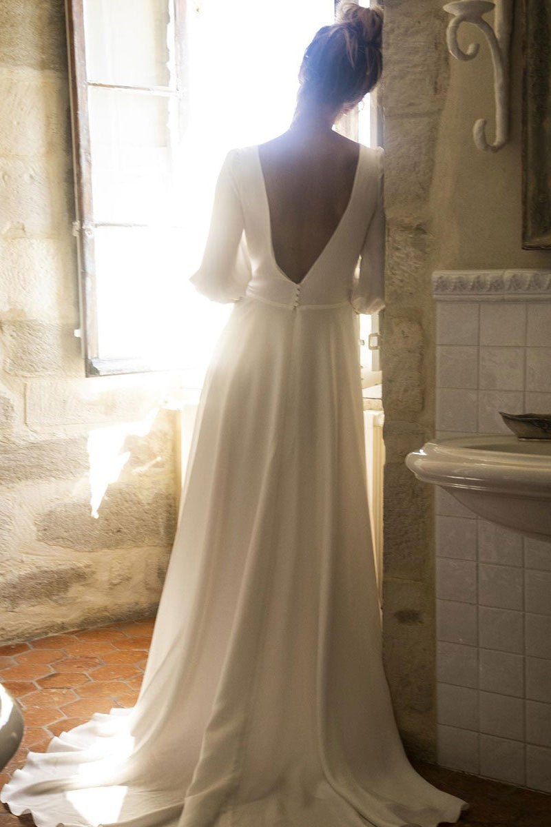 Weitese Dress Elegant Half Sleeves Open Back Wedding Dress V-Neck A-line With Hight Slit Bride Dress