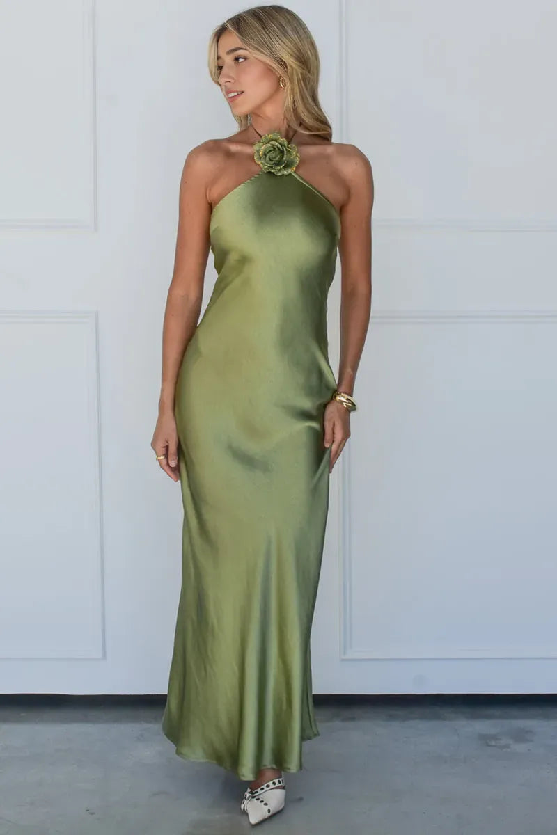 Weitese robe élégante licou Rosette décor dos ouvert coupe ajustée Satin Maxi robes de bal sans manches 