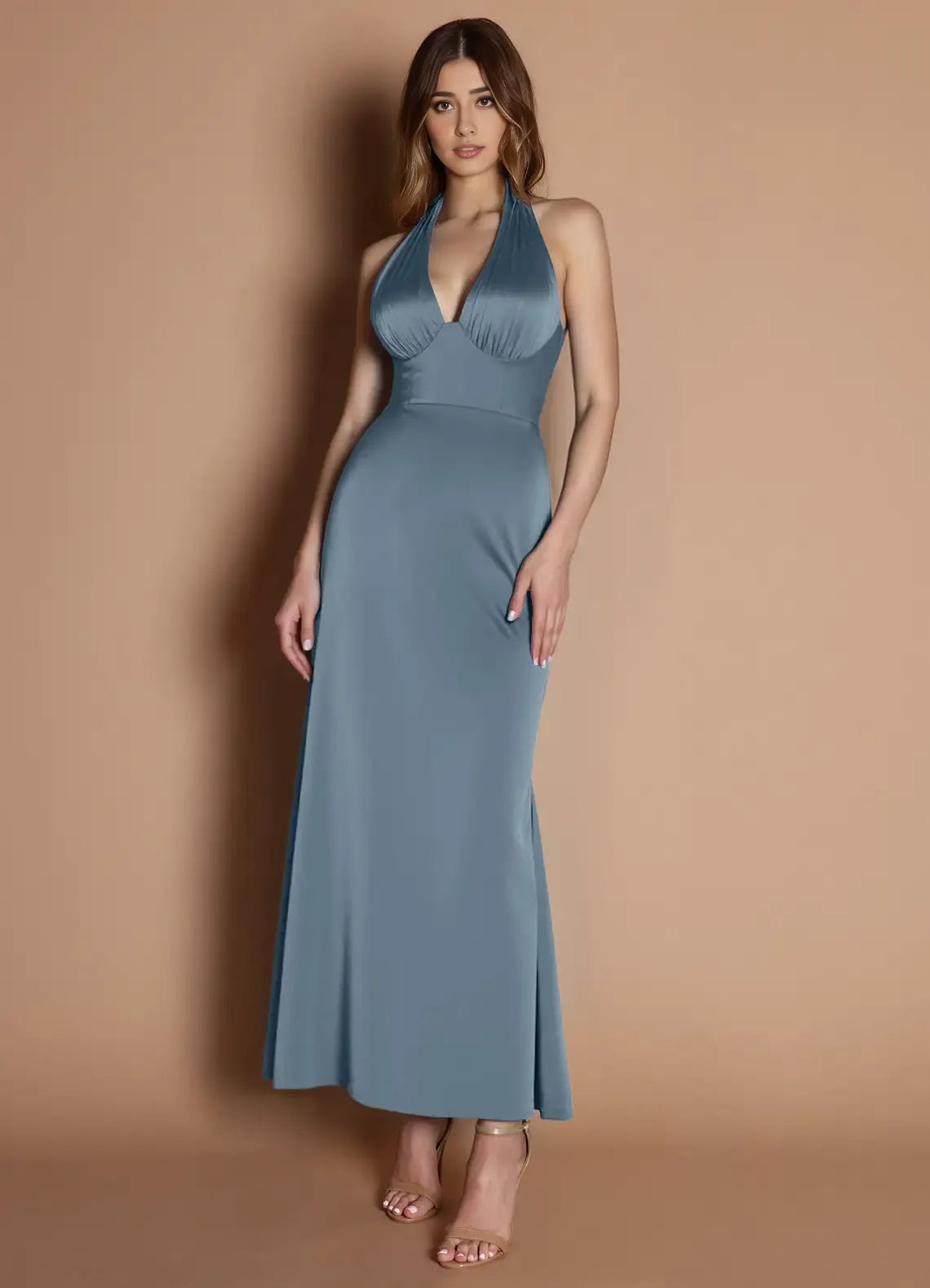 Weitese Dress Elegant Halter V Neck Sleeveless Backless Pleats Mermaid Evening Dress Tea-Length Prom Dress