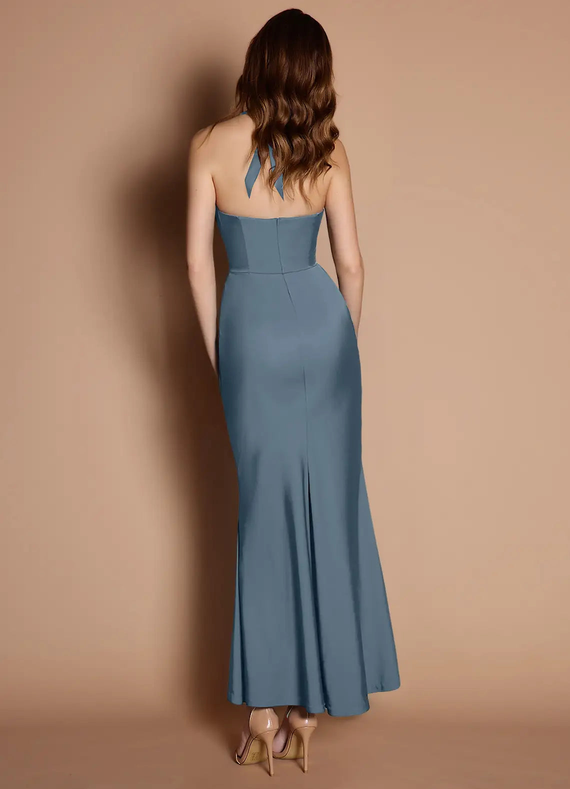 Weitese Dress Elegant Halter V Neck Sleeveless Backless Pleats Mermaid Evening Dress Tea-Length Prom Dress