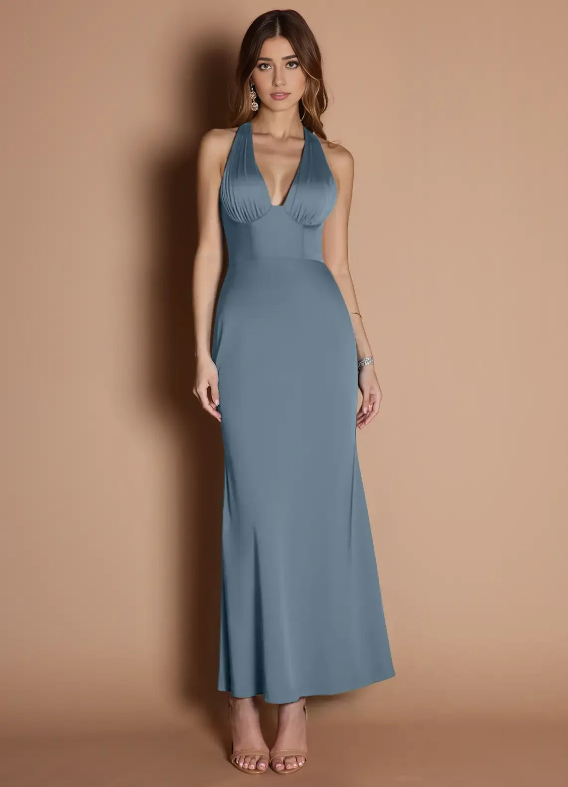 Weitese Dress Elegant Halter V Neck Sleeveless Backless Pleats Mermaid Evening Dress Tea-Length Prom Dress