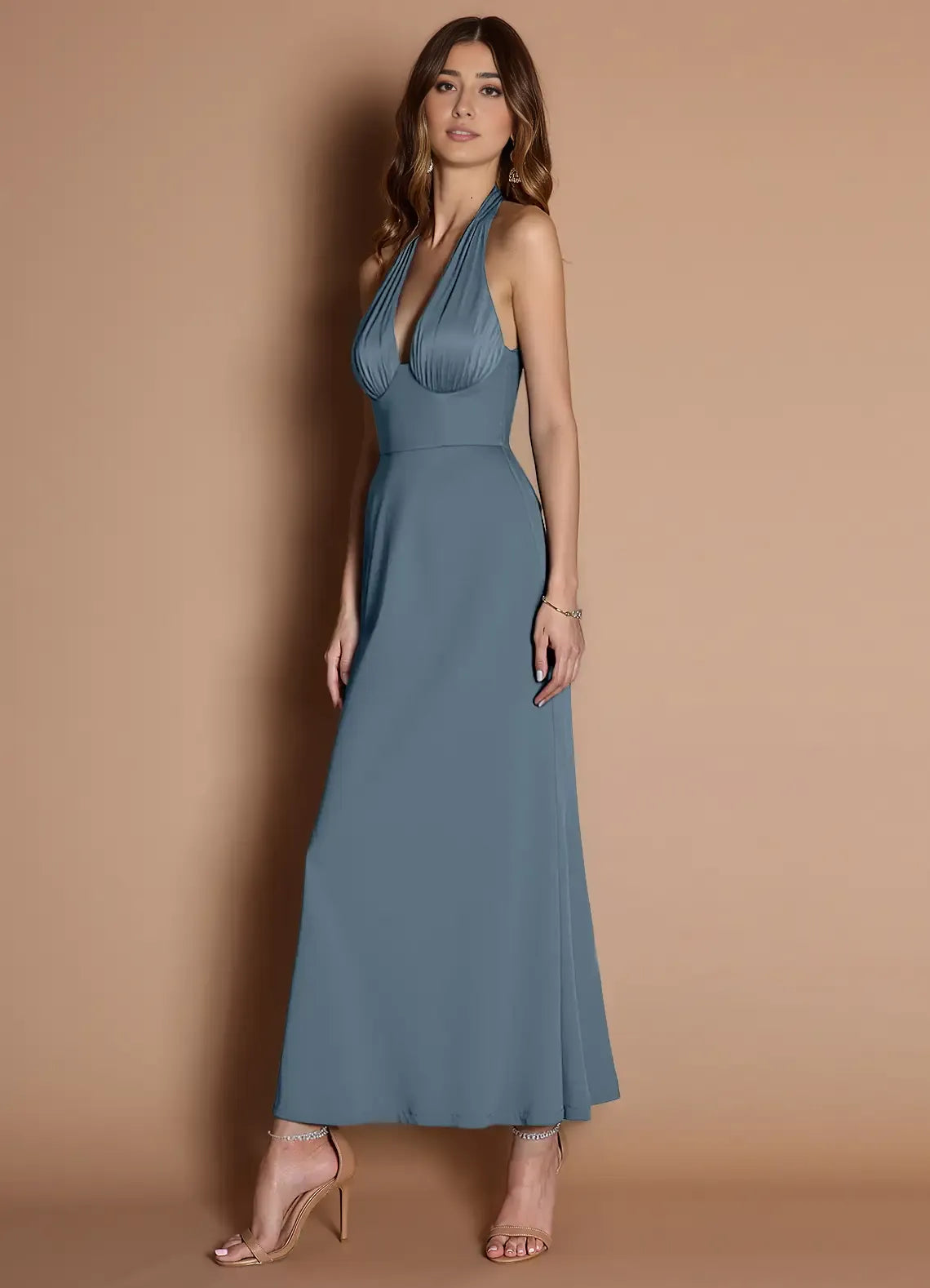 Weitese Dress Elegant Halter V Neck Sleeveless Backless Pleats Mermaid Evening Dress Tea-Length Prom Dress