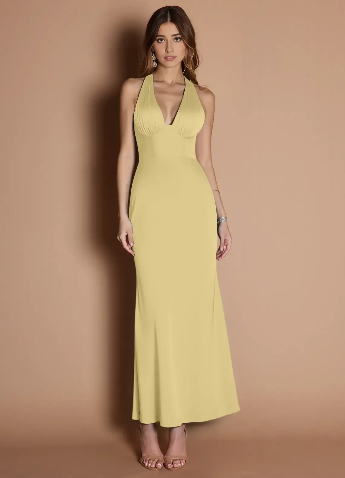 Weitese Dress Elegant Halter V Neck Sleeveless Backless Pleats Mermaid Evening Dress Tea-Length Prom Dress