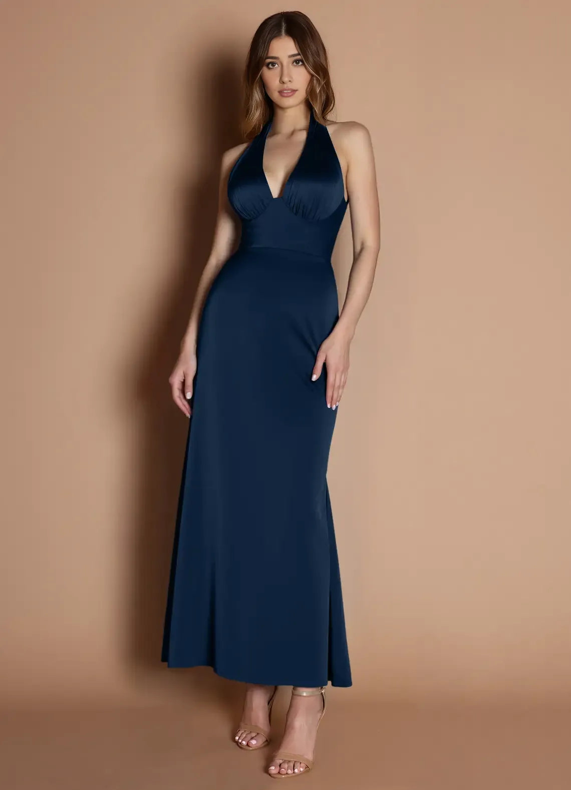 Weitese Dress Elegant Halter V Neck Sleeveless Backless Pleats Mermaid Evening Dress Tea-Length Prom Dress