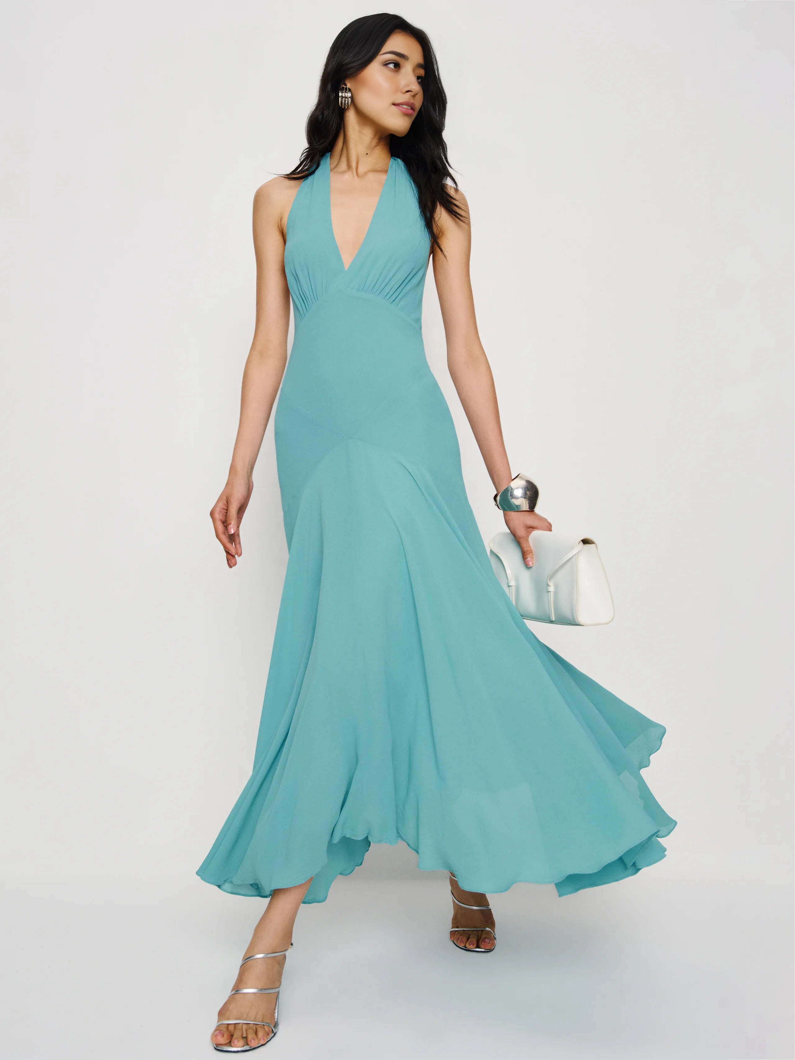 Weitese Dress Elegant Halter V Neck Sleeveless Mermaid Prom Dress Backless Tea-Length Backless Evening Dress