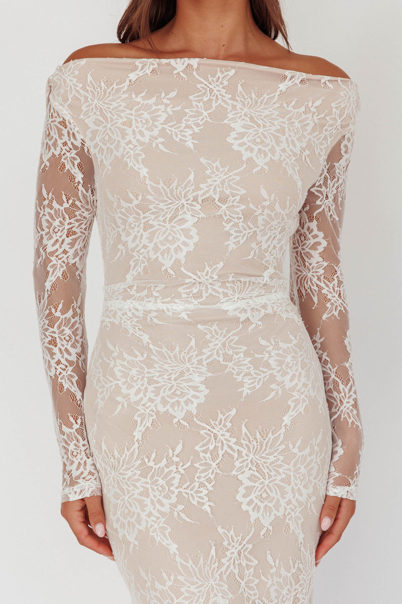 Robe Weitese élégante en dentelle ivoire, épaules dénudées, manches longues transparentes et motif floral, robe de bal 