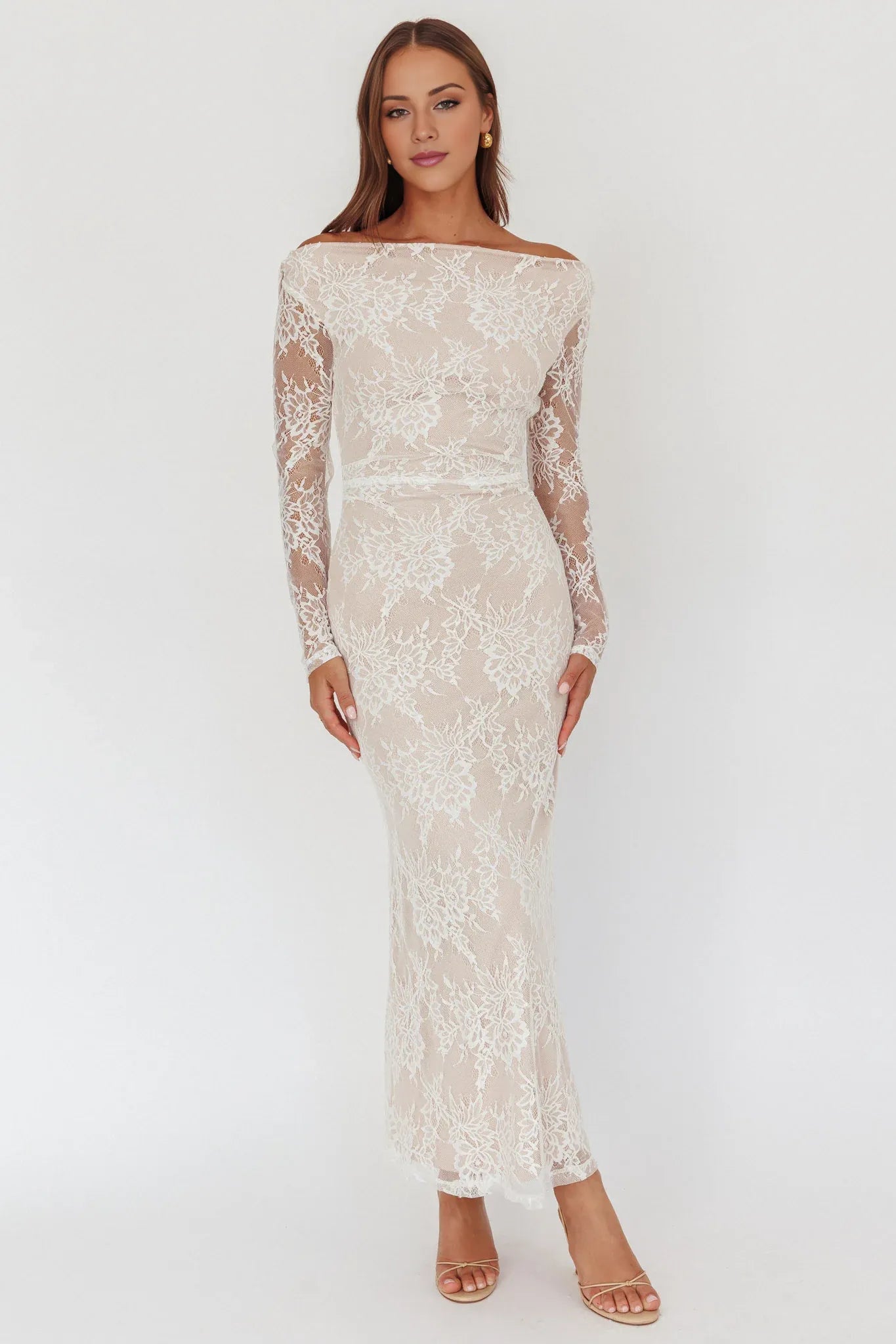 Robe Weitese élégante en dentelle ivoire, épaules dénudées, manches longues transparentes et motif floral, robe de bal 