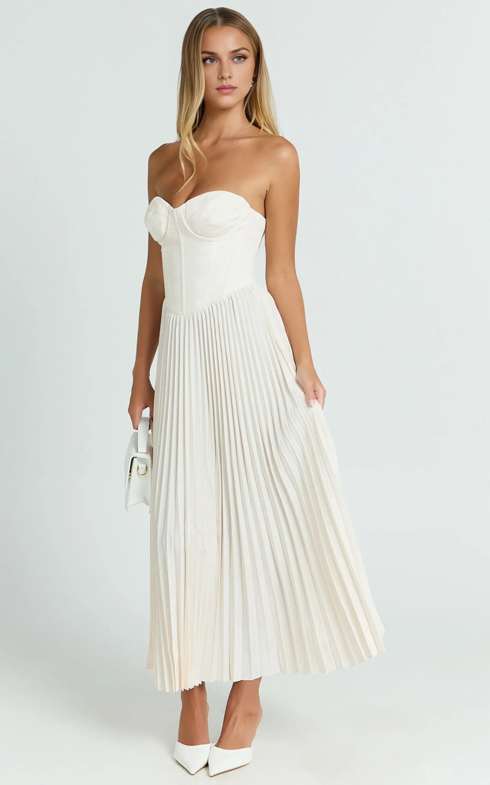 Weitese Dress Elegant Lace Up Back Bustier Pleated Midi Dress Cream A-Line Solid Color Sleeveless Party Evening Dress