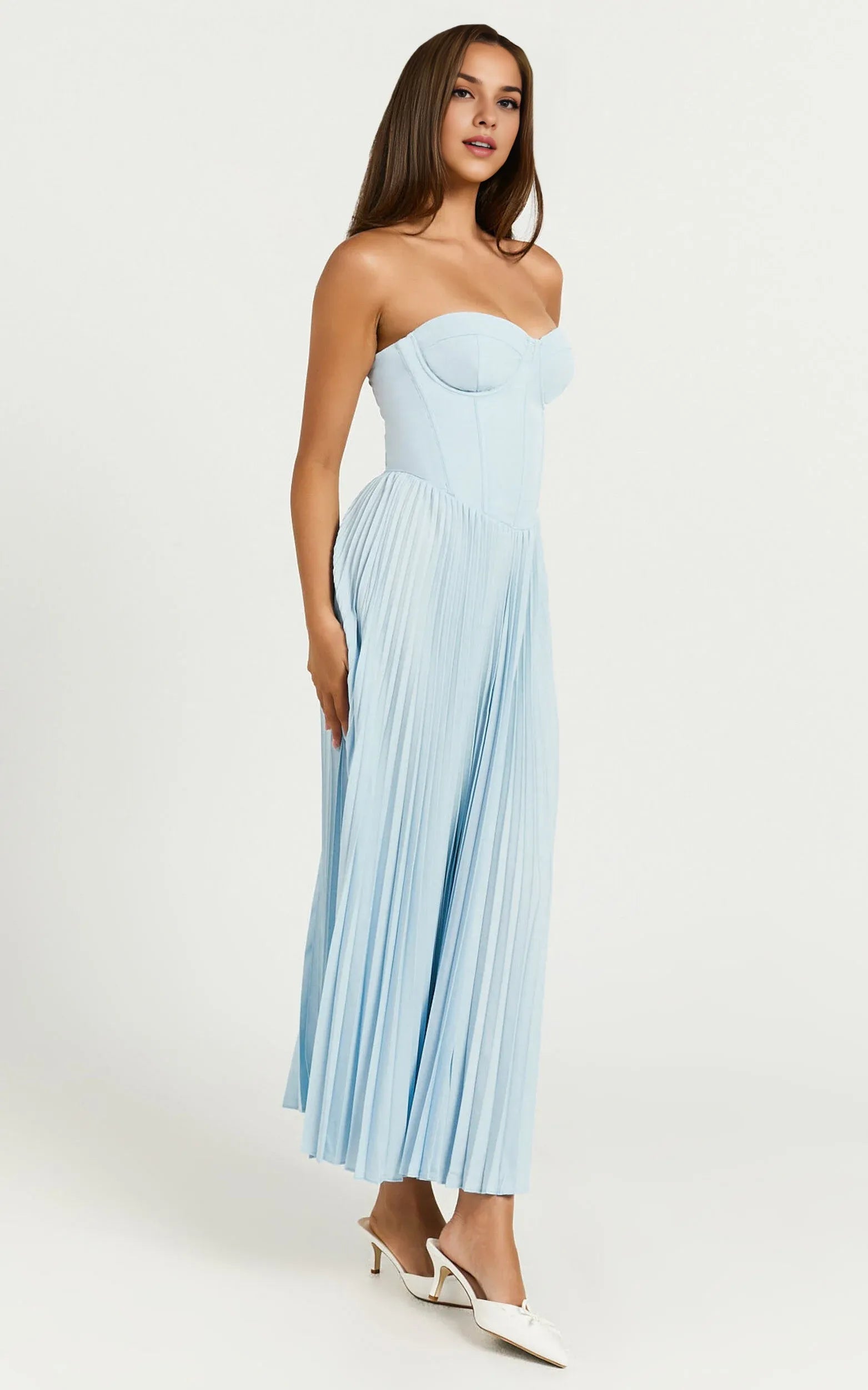 Weitese Dress Elegant Lace Up Back Bustier Pleated Midi Dress Cream A-Line Solid Color Sleeveless Party Evening Dress