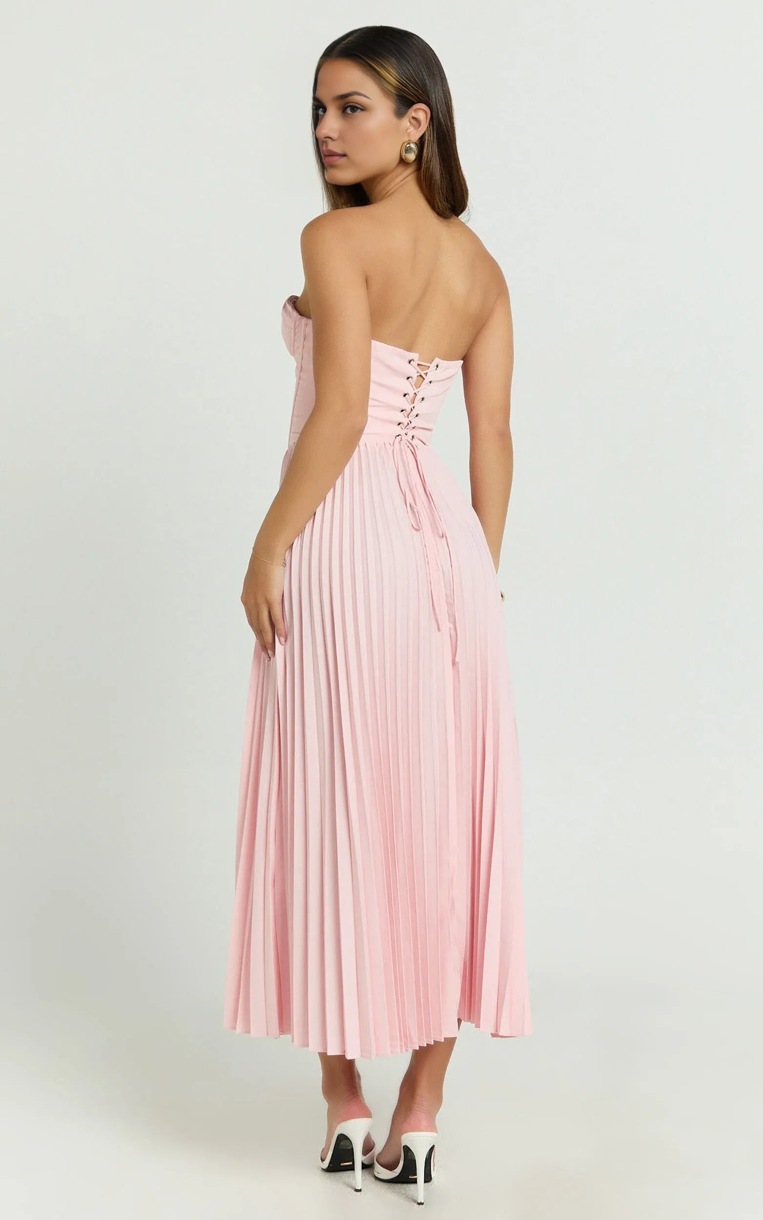 Weitese Dress Elegant Lace Up Back Bustier Pleated Midi Dress Cream A-Line Solid Color Sleeveless Party Evening Dress