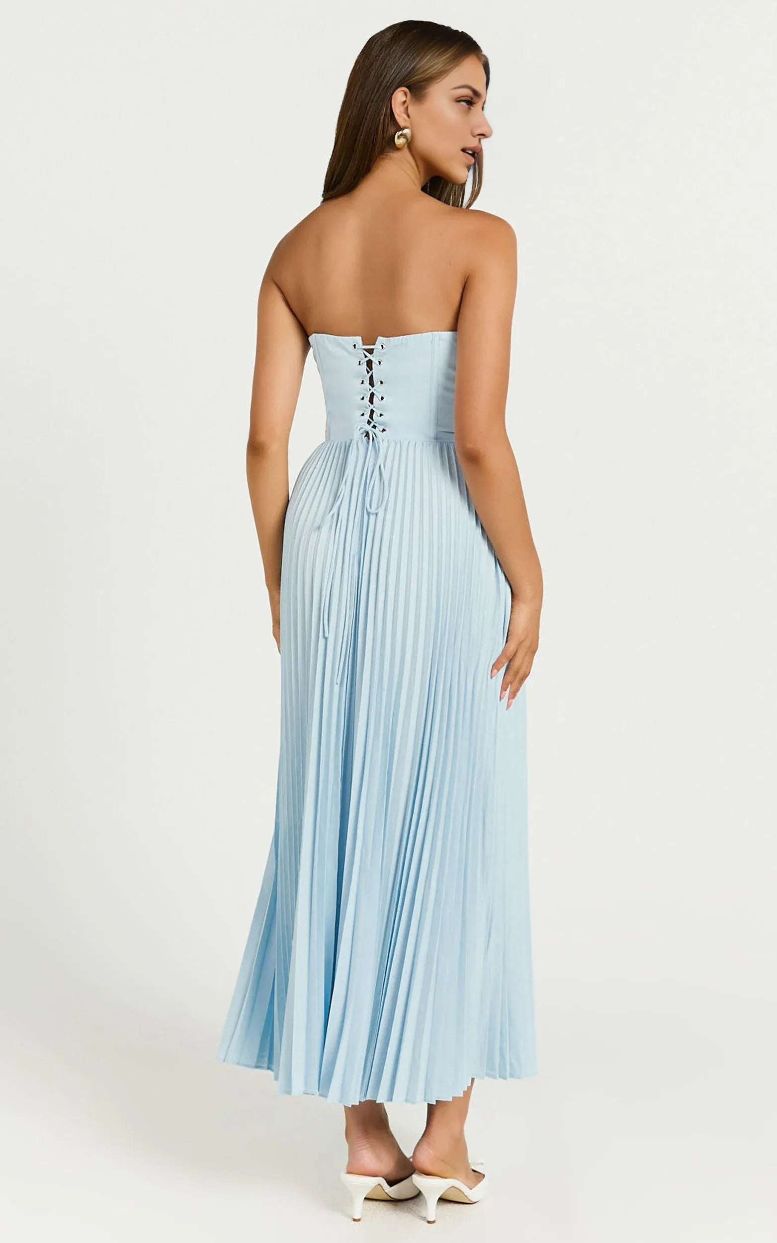 Weitese Dress Elegant Lace Up Back Bustier Pleated Midi Dress Cream A-Line Solid Color Sleeveless Party Evening Dress