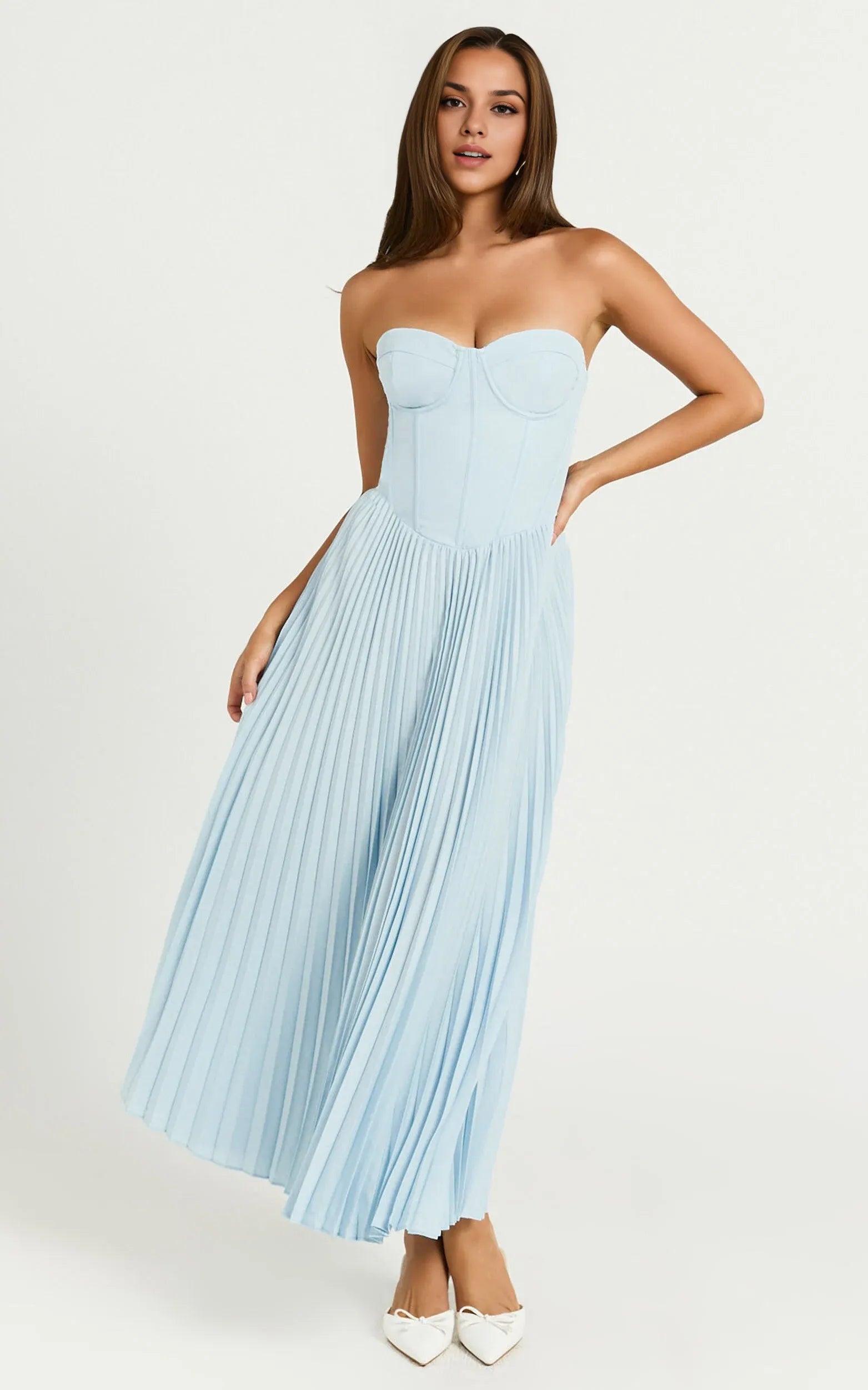 Weitese Dress Elegant Lace Up Back Bustier Pleated Midi Dress Cream A-Line Solid Color Sleeveless Party Evening Dress