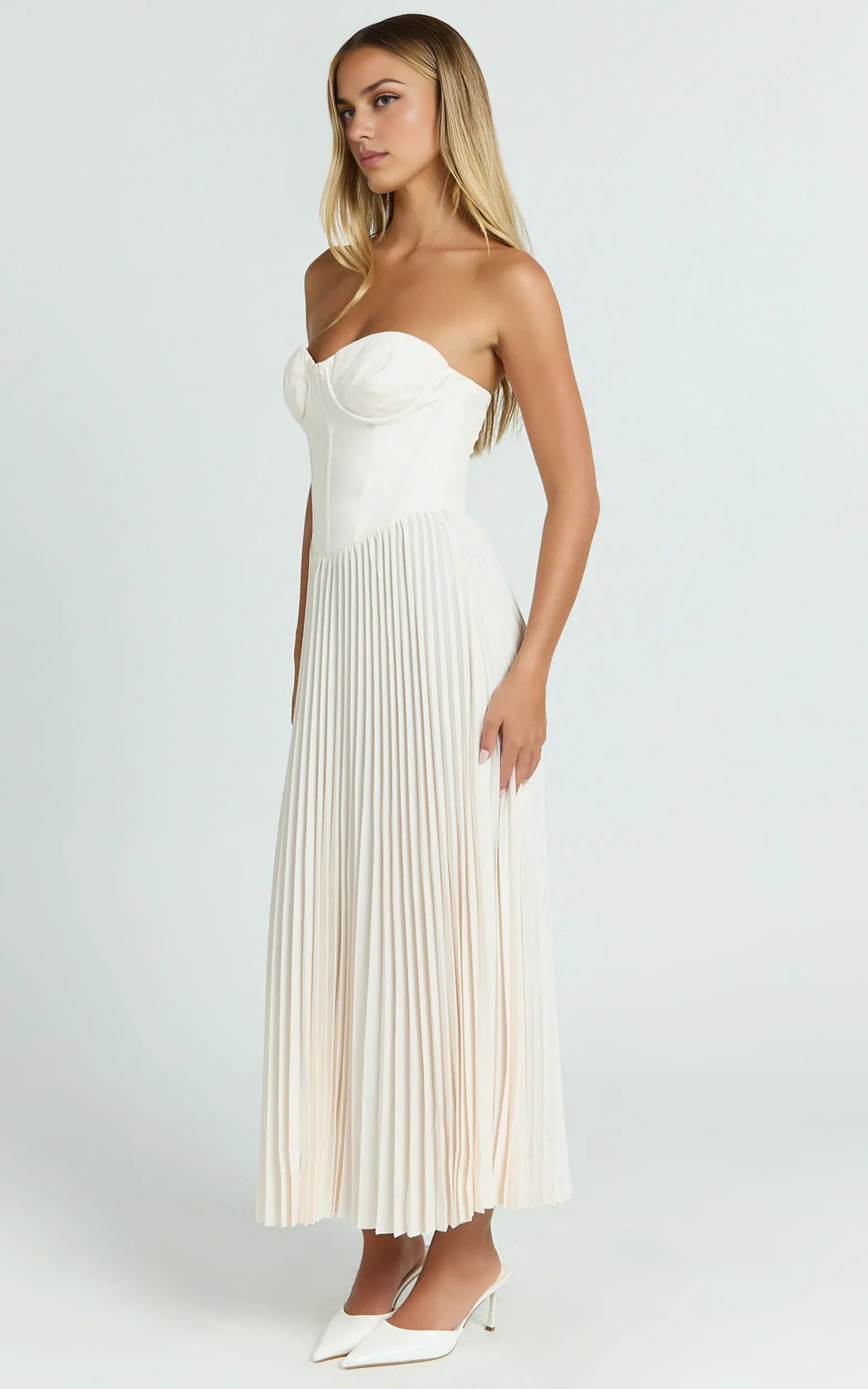 Weitese Dress Elegant Lace Up Back Bustier Pleated Midi Dress Cream A-Line Solid Color Sleeveless Party Evening Dress