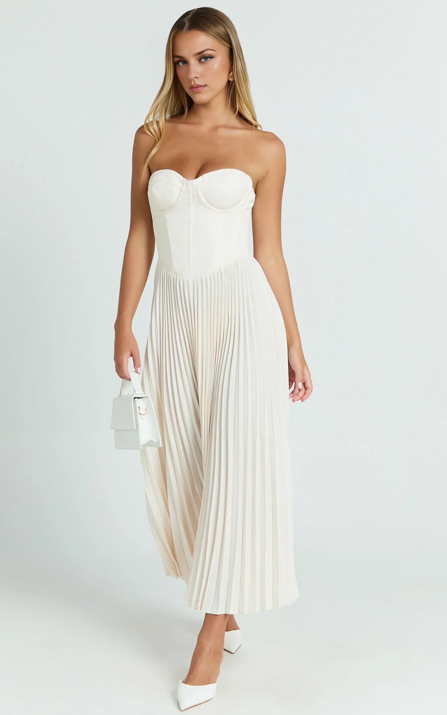 Weitese Dress Elegant Lace Up Back Bustier Pleated Midi Dress Cream A-Line Solid Color Sleeveless Party Evening Dress