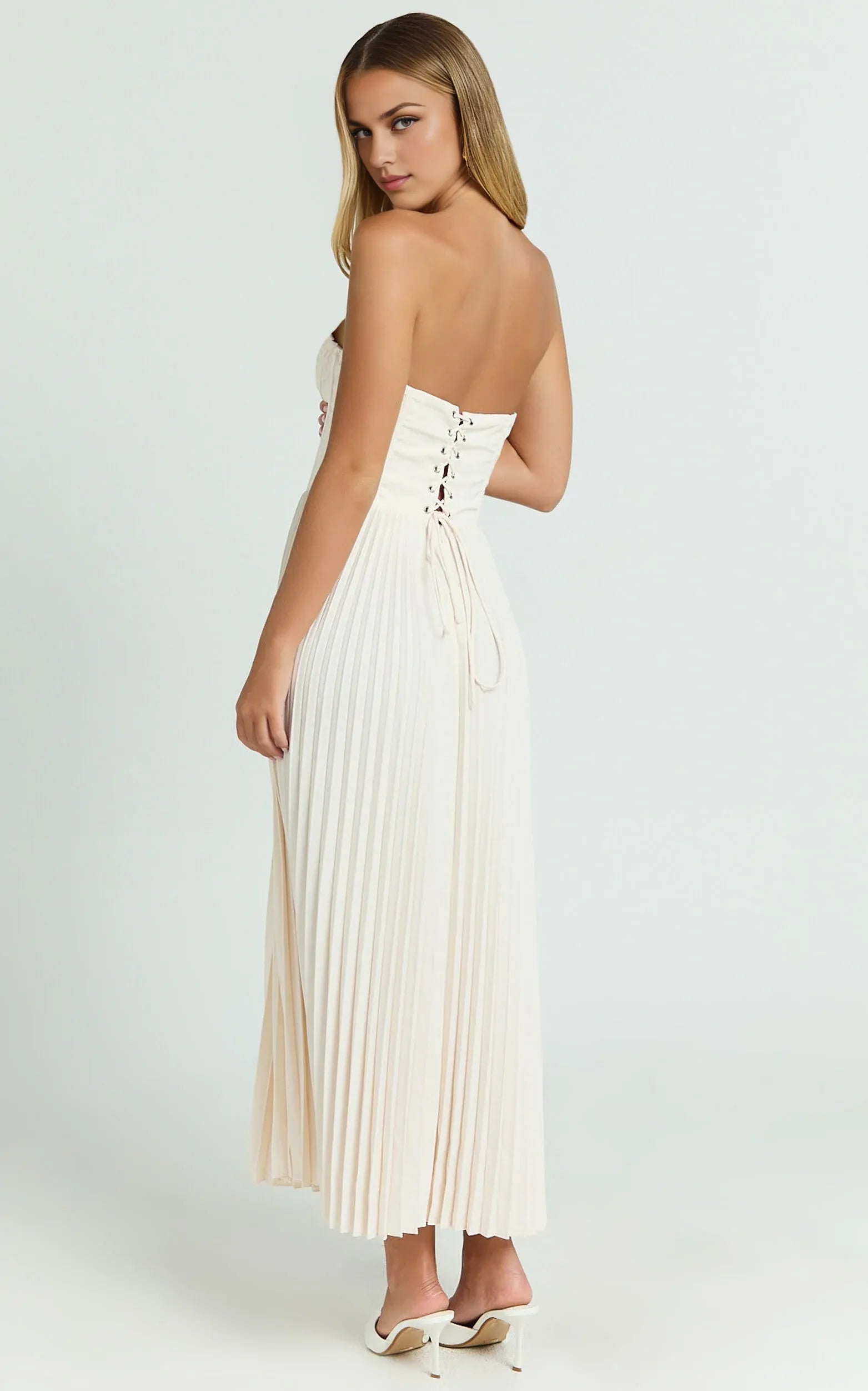 Weitese Dress Elegant Lace Up Back Bustier Pleated Midi Dress Cream A-Line Solid Color Sleeveless Party Evening Dress