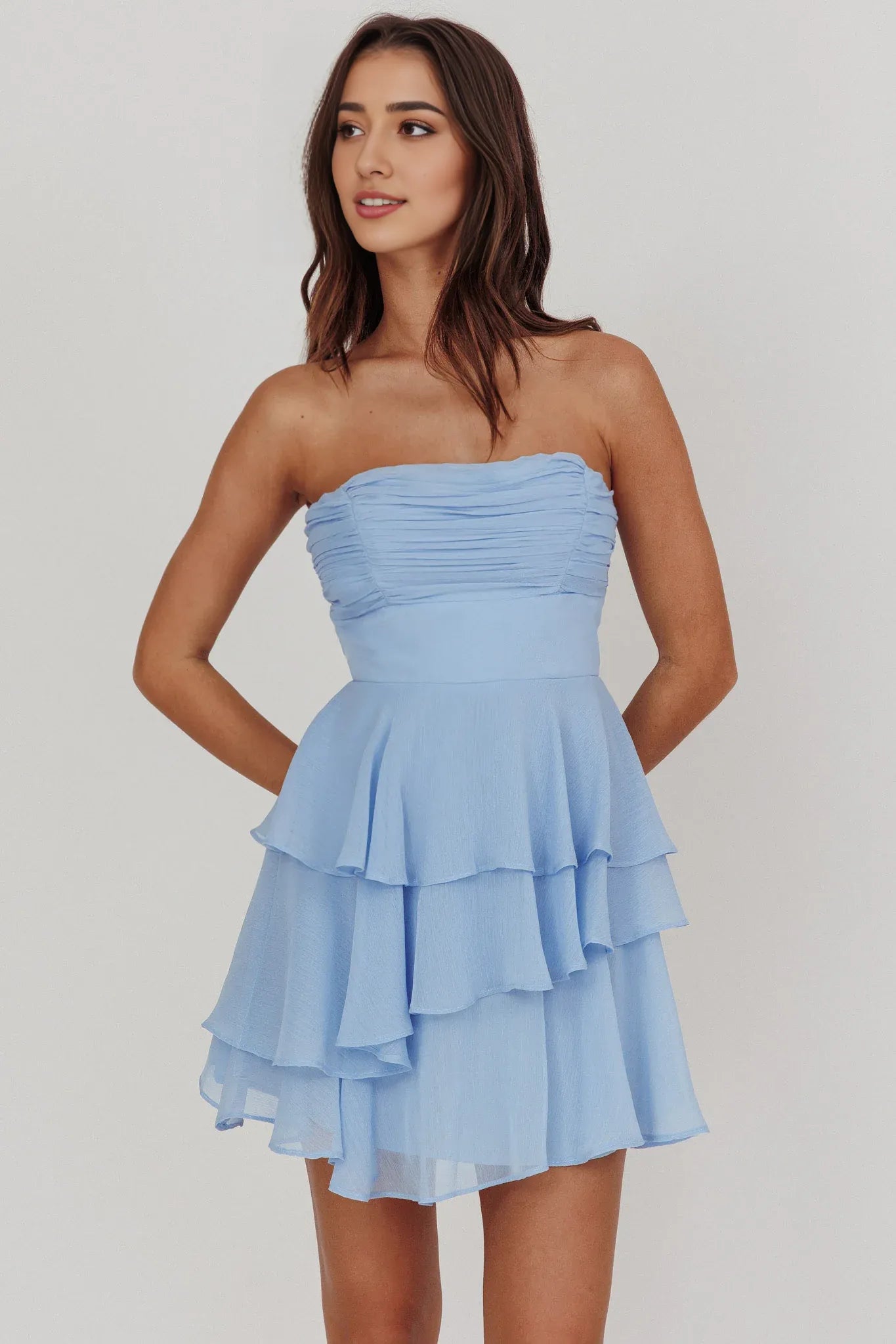 Weitese Dress Elegant Light Blue Dress Strapless Neck Ruched Bodice Detail Tiered Ruffled Dress and Mini Length Homecoming Dress