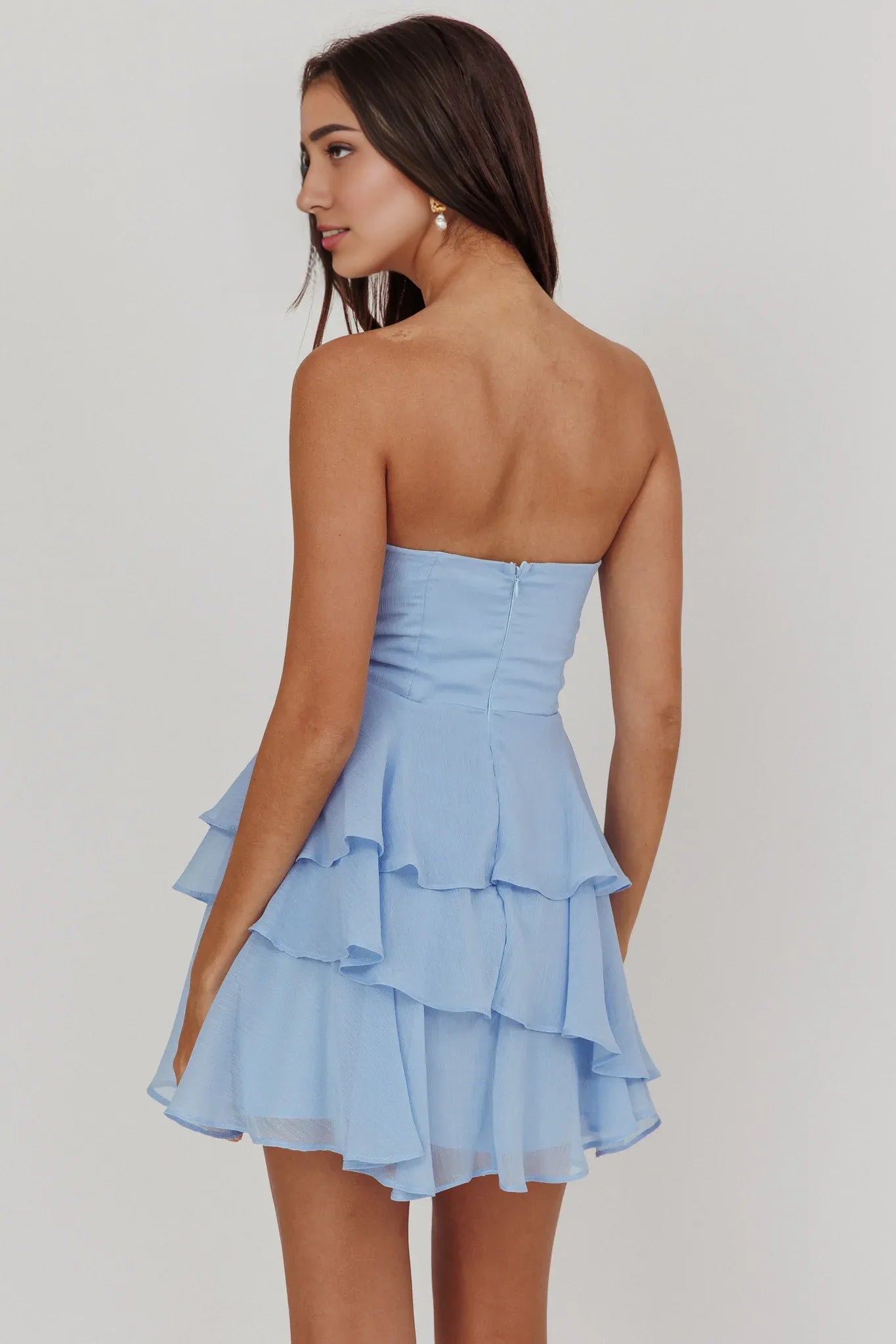 Weitese Dress Elegant Light Blue Dress Strapless Neck Ruched Bodice Detail Tiered Ruffled Dress and Mini Length Homecoming Dress