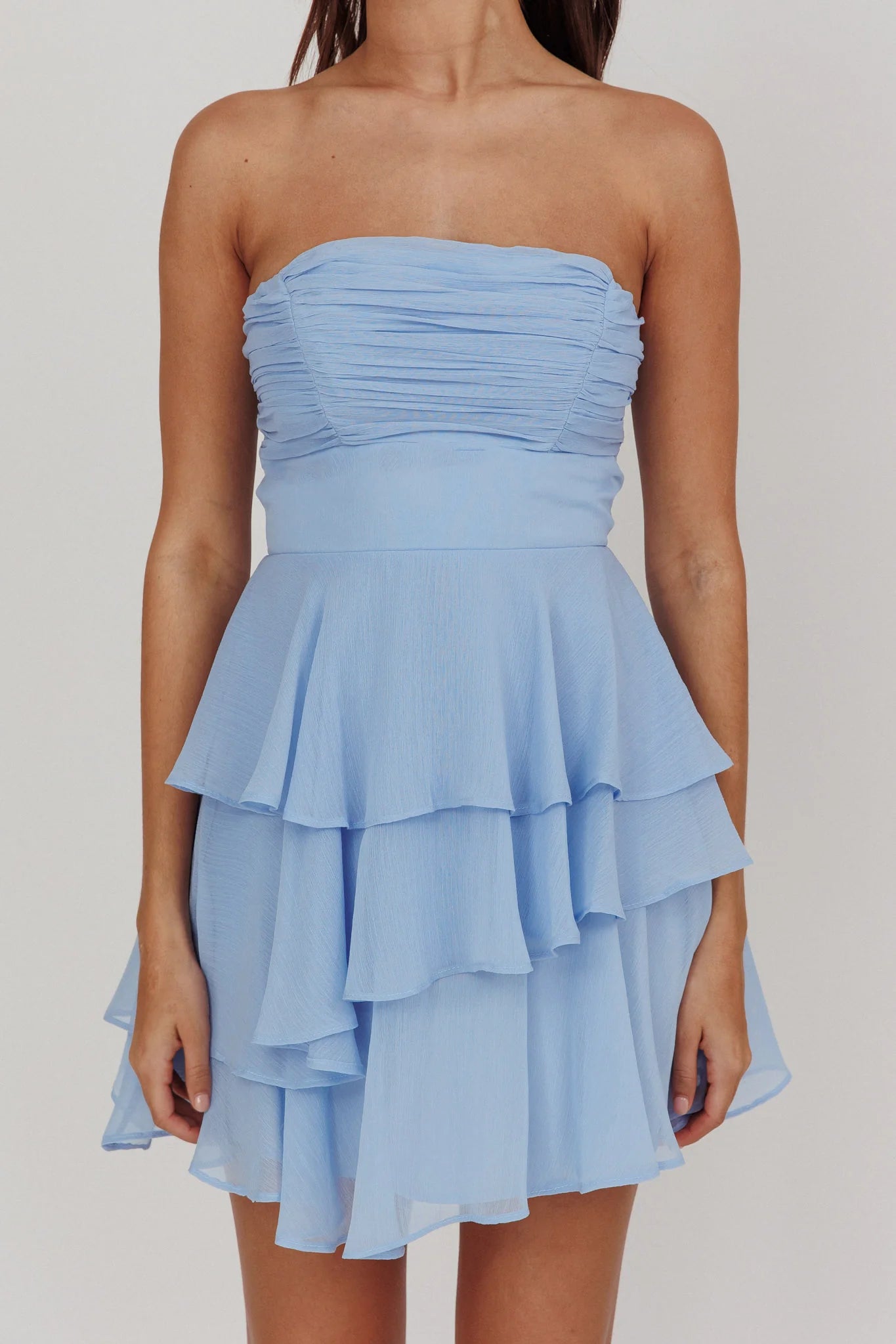 Weitese Dress Elegant Light Blue Dress Strapless Neck Ruched Bodice Detail Tiered Ruffled Dress and Mini Length Homecoming Dress
