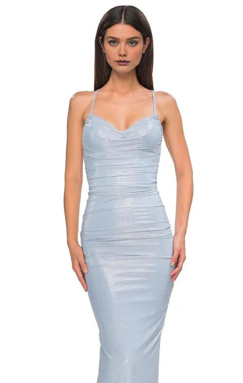 Vestido Weitese elegante vestido de noche azul claro con detalle fruncido, tirantes finos y cola, vestido de fiesta 