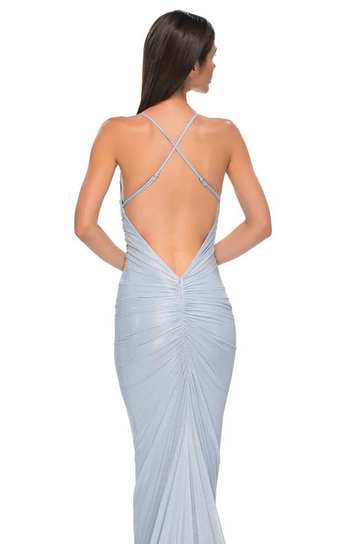 Vestido Weitese elegante vestido de noche azul claro con detalle fruncido, tirantes finos y cola, vestido de fiesta 