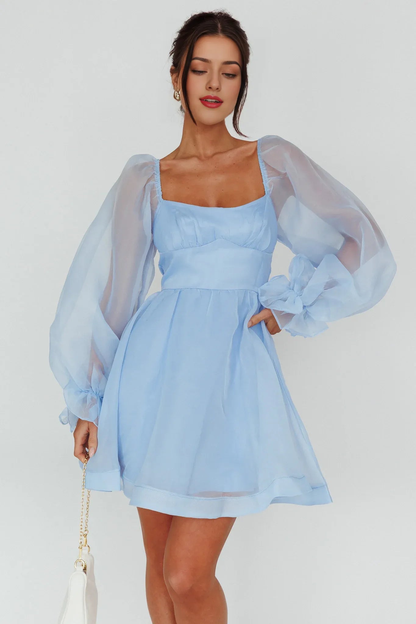 Weitese Dress Elegant Pink Organza Dress Square Neck Puff Sleeve Detail Flared Skirt and Mini Length Homecoming Dress