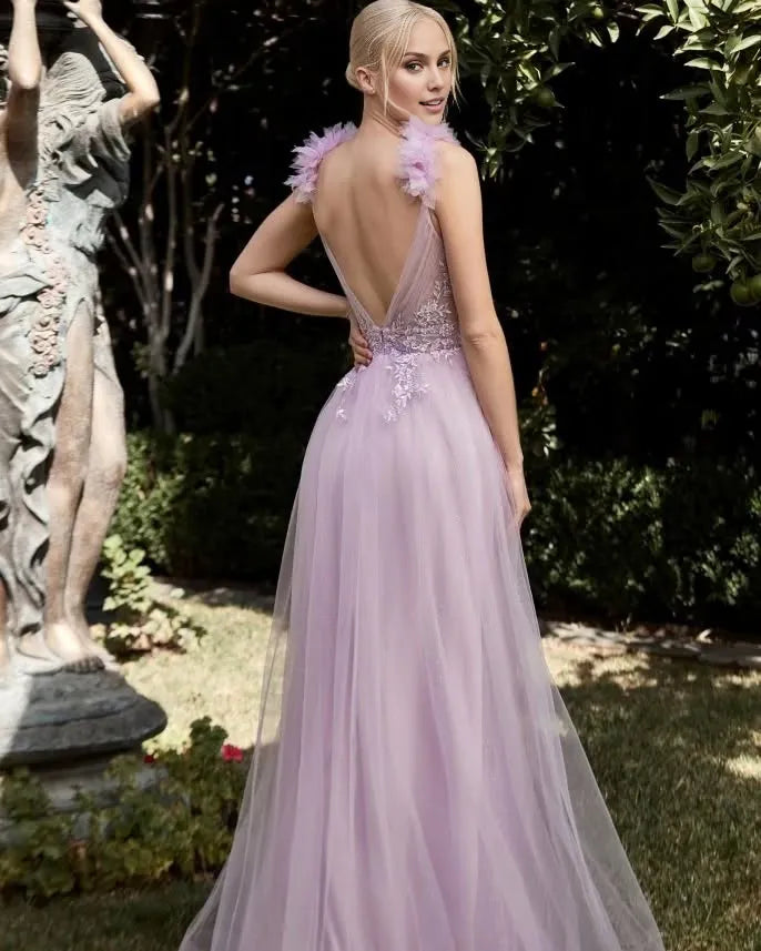 Vestido Weitese elegante de tul lila con tirantes finos, espalda descubierta, apliques, sin mangas, vestido de noche, vestido de fiesta 