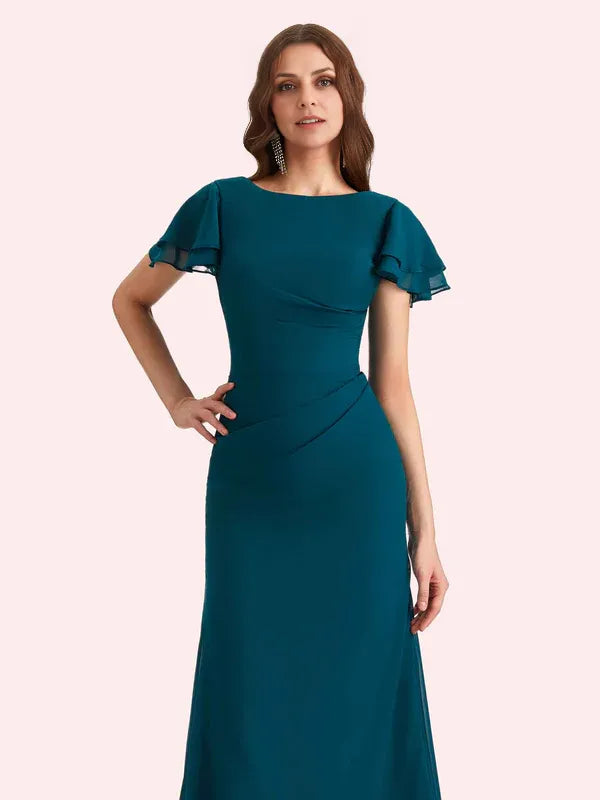 Weitese Dress Elegant Mermaid Chiffon Short Sleeves Long Mother of the Brides Dresses Zipper Up With Train