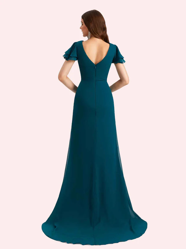 Weitese Dress Elegant Mermaid Chiffon Short Sleeves Long Mother of the Brides Dresses Zipper Up With Train