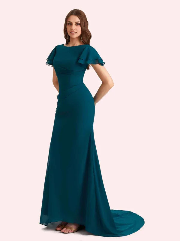 Weitese Dress Elegant Mermaid Chiffon Short Sleeves Long Mother of the Brides Dresses Zipper Up With Train