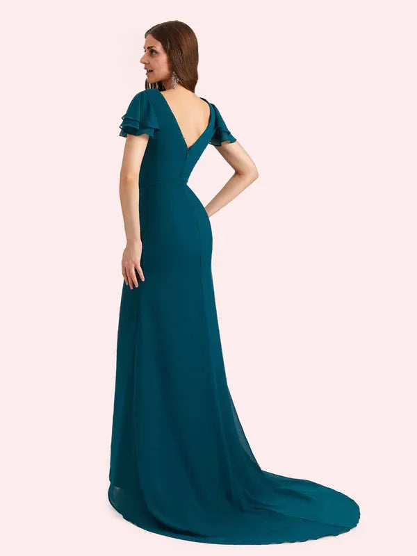 Weitese Dress Elegant Mermaid Chiffon Short Sleeves Long Mother of the Brides Dresses Zipper Up With Train