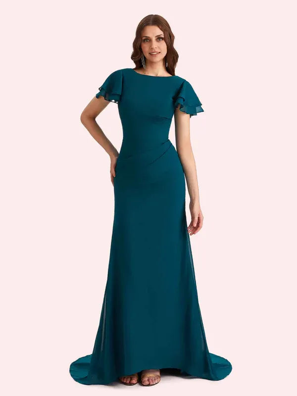 Weitese Dress Elegant Mermaid Chiffon Short Sleeves Long Mother of the Brides Dresses Zipper Up With Train