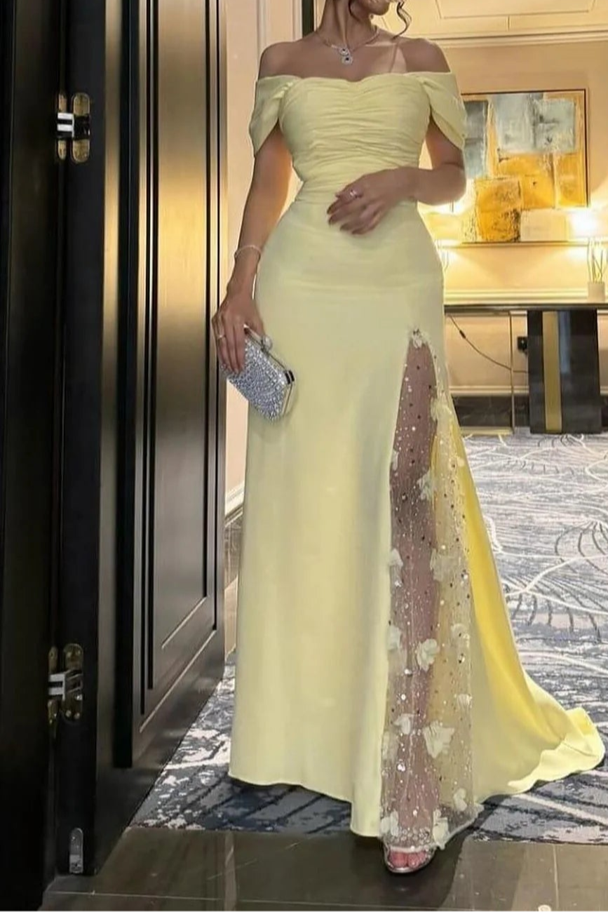 Weitese Dress Elegant Mermaid Off the Shoulder Yellow Party Dress with Split Front