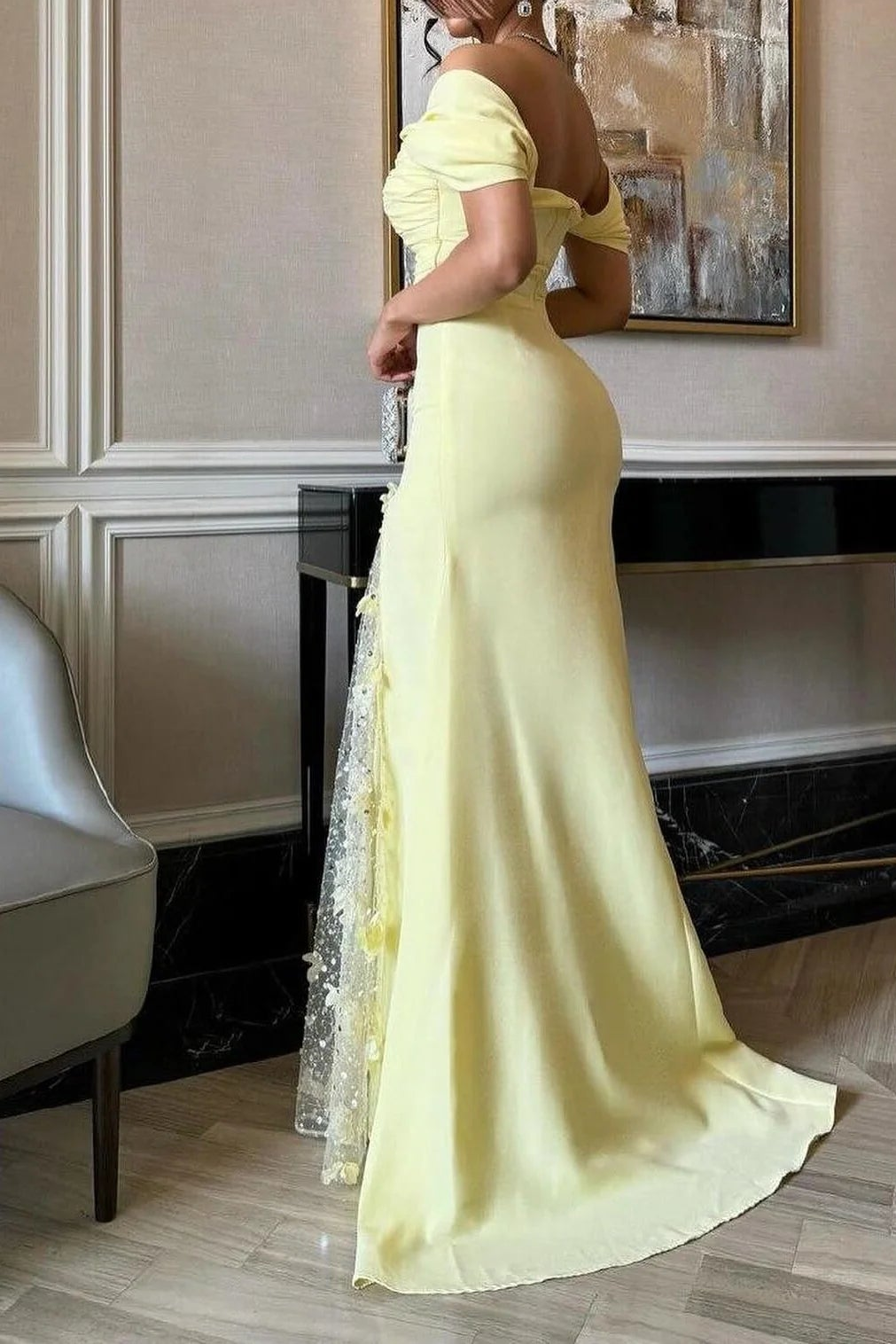 Weitese Dress Elegant Mermaid Off the Shoulder Yellow Party Dress with Split Front